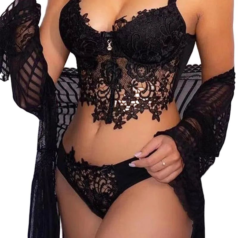 House Of Dasein Cross-Border Sexy Lingerie Seductive Three-Piece Transparent Backless Lace Trim Tempting Sleepwear Two-Piece Set - Black - Xl