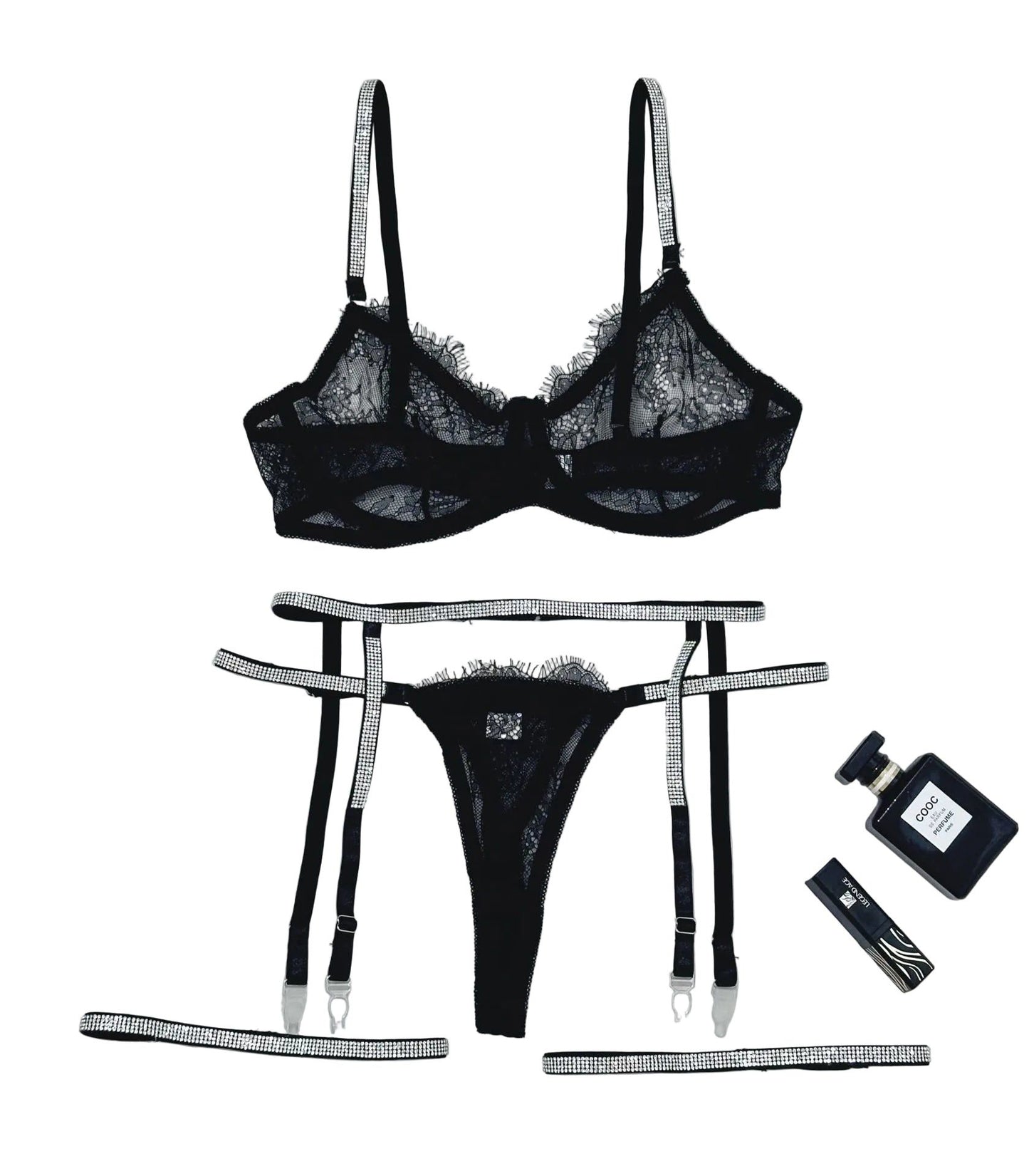 House Of Dasein Cross-Border Sexy Lingerie Lace Trim Rhinestone Transparent Thong Garter Belt Four-Piece Set - Black - S