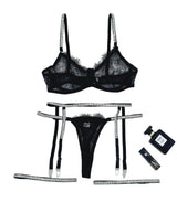 House Of Dasein Cross-Border Sexy Lingerie Lace Trim Rhinestone Transparent Thong Garter Belt Four-Piece Set - Black - S