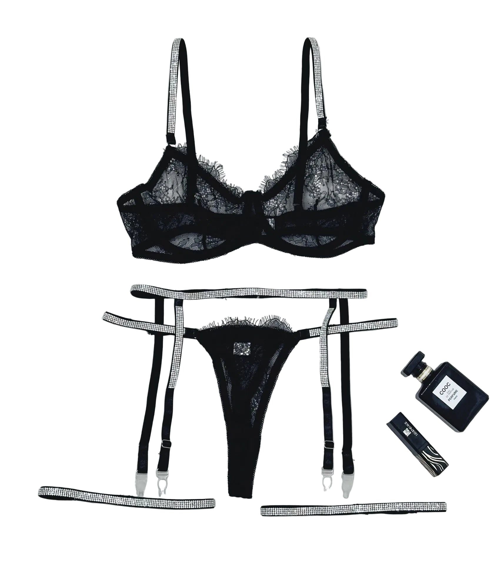 House Of Dasein Cross-Border Sexy Lingerie Lace Trim Rhinestone Transparent Thong Garter Belt Four-Piece Set - Black - S