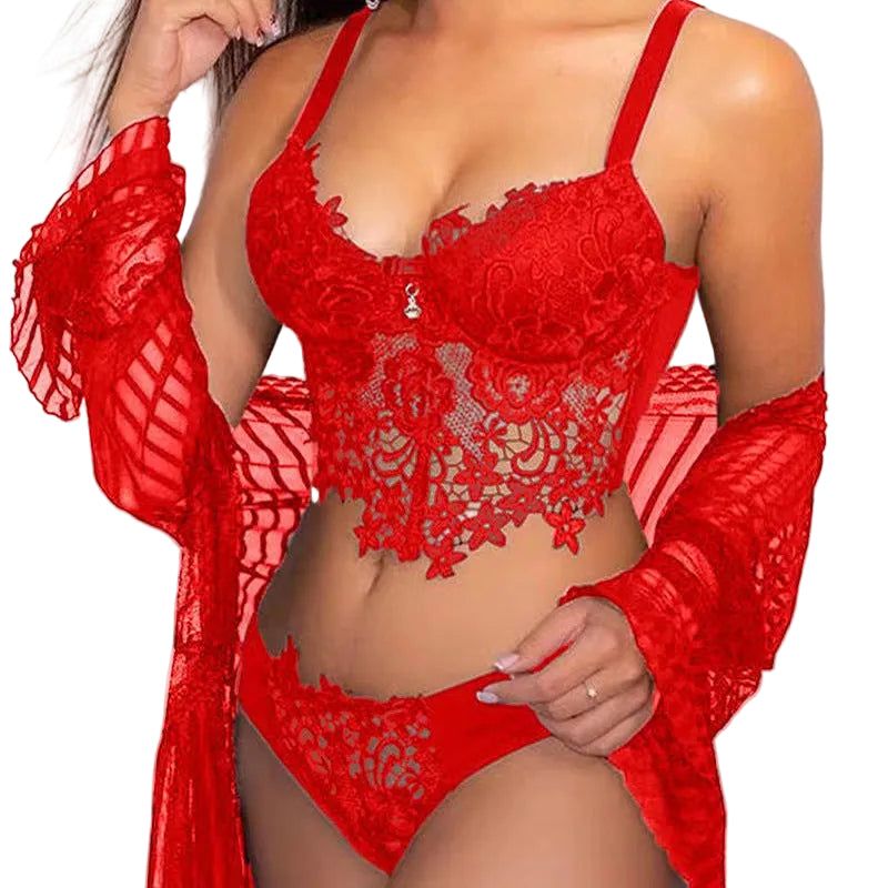 House Of Dasein Cross-Border Sexy Lingerie Seductive Three-Piece Transparent Backless Lace Trim Tempting Sleepwear Two-Piece Set - Red - S