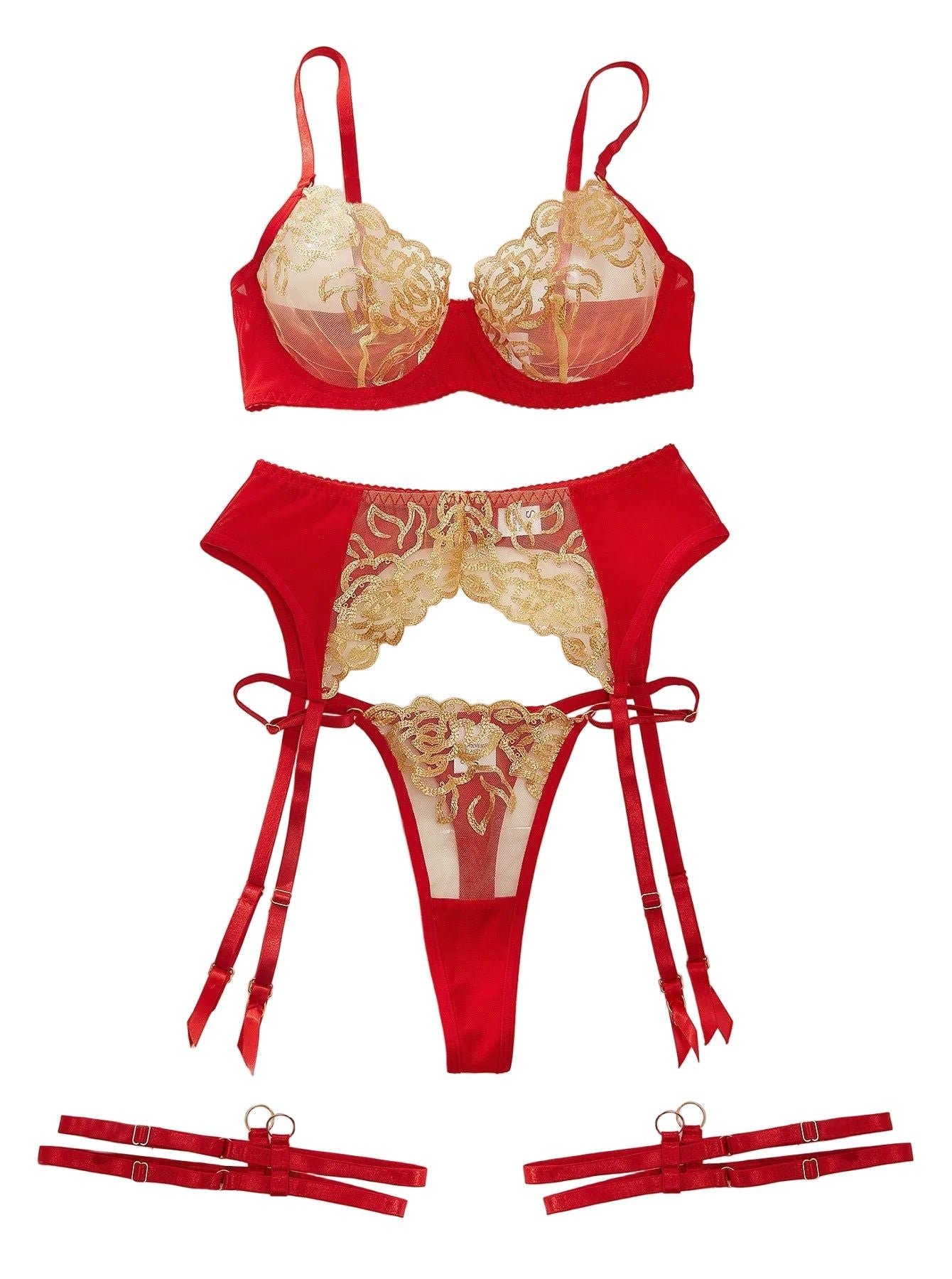 House Of Dasein Collision Pornographic Fun Embroidery Splicing Mesh Sexy Underwear Four Piece Set For Women - Golden Red - S