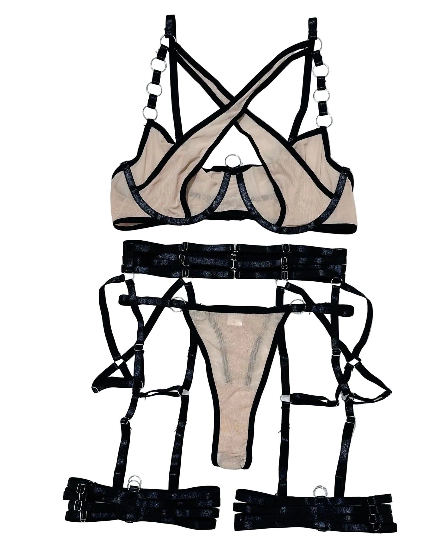 House Of Dasein Cross-Strap Neckline Underwear With Steel Ring Pure Desire Sexy Set For Women - Khaki - L