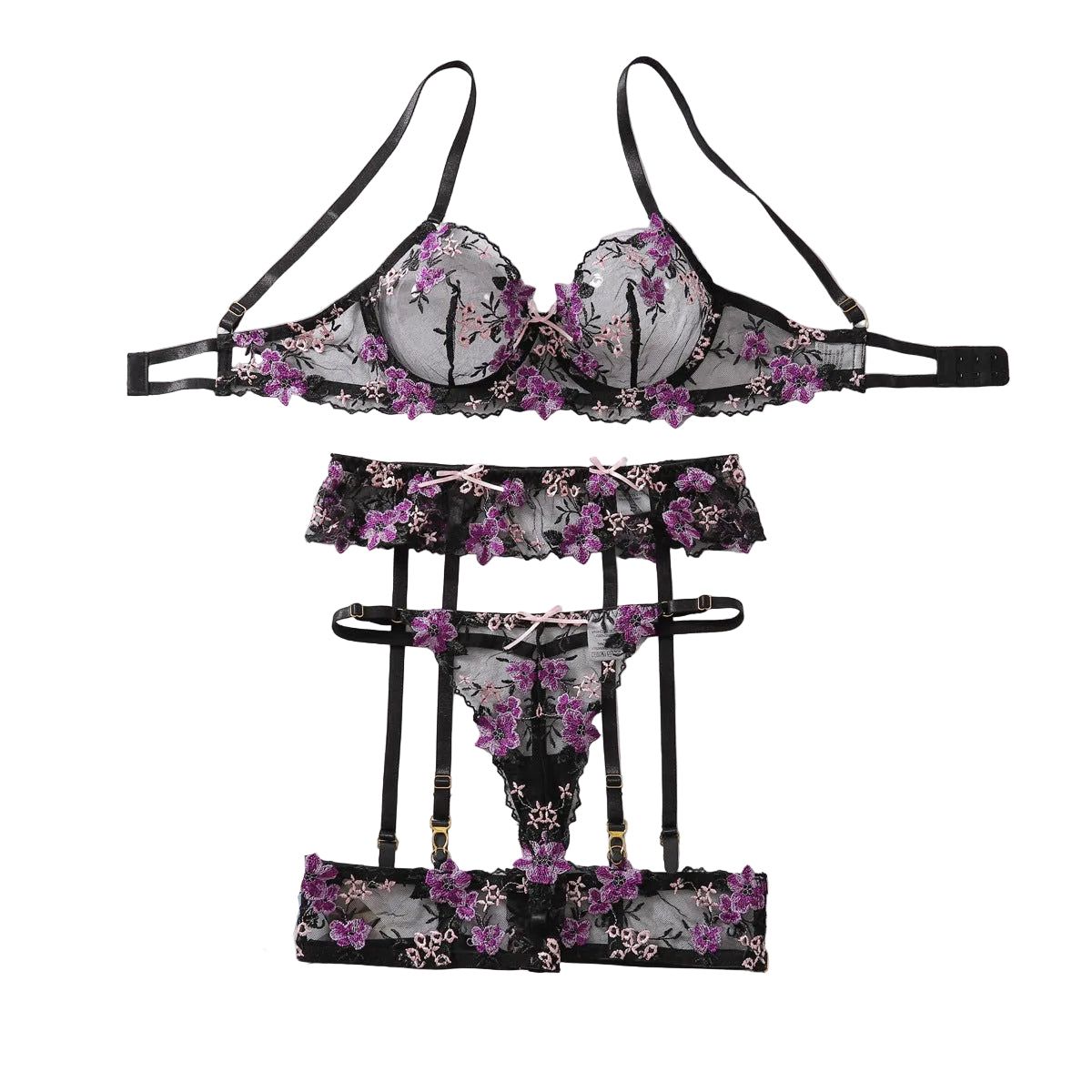 House Of Dasein Purple Sexy Lace Embroidered Bra Collar Underwear Set - Dark Purple - L
