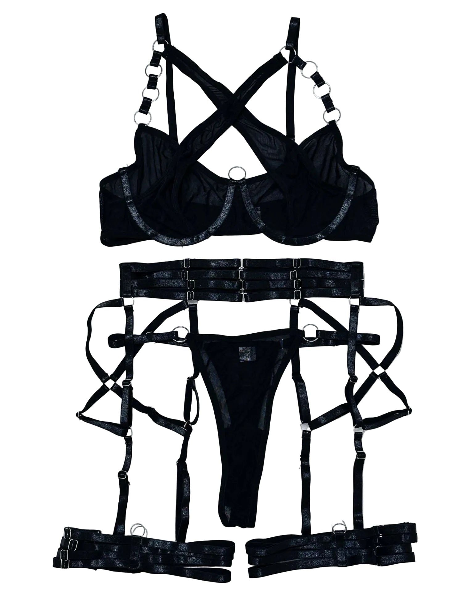 House Of Dasein Cross-Strap Neckline Underwear With Steel Ring Pure Desire Sexy Set For Women - Black - M