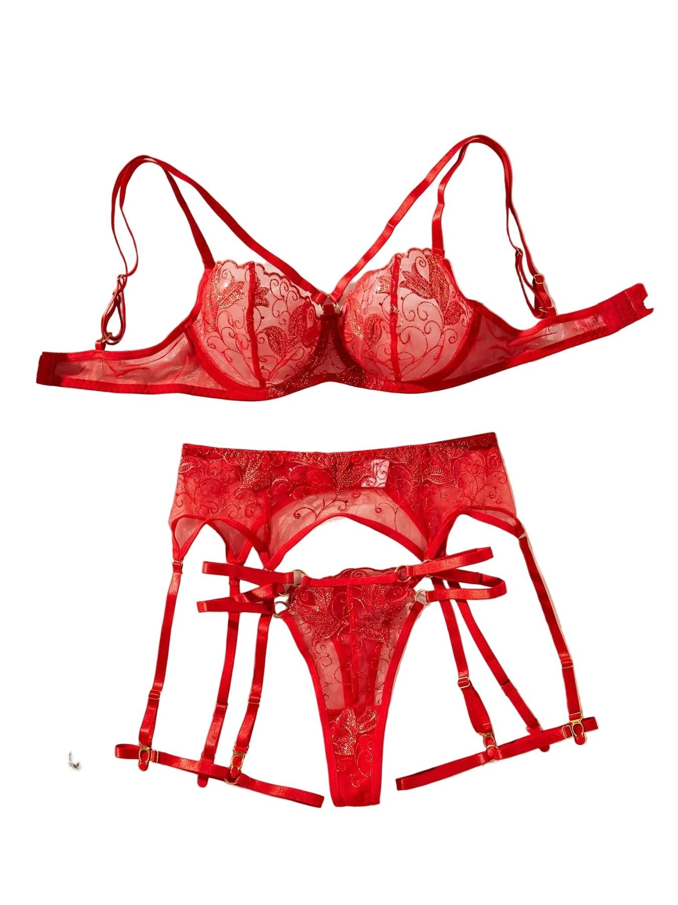 House Of Dasein Flower Embroidery Ultra Thin Perspective Sexy Underwear Four Piece Set - Red - M