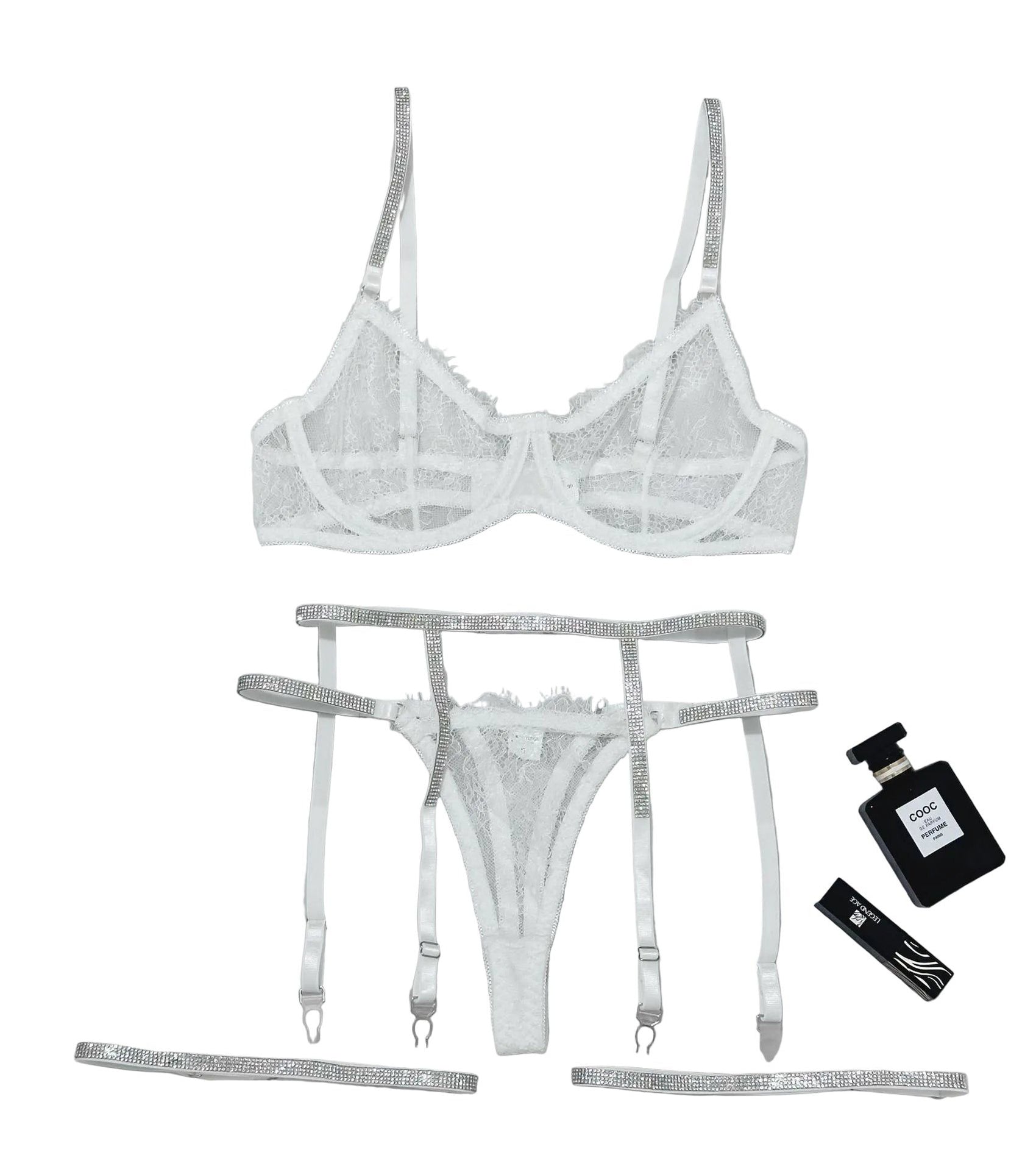 House Of Dasein Cross-Border Sexy Lingerie Lace Trim Rhinestone Transparent Thong Garter Belt Four-Piece Set - White - S