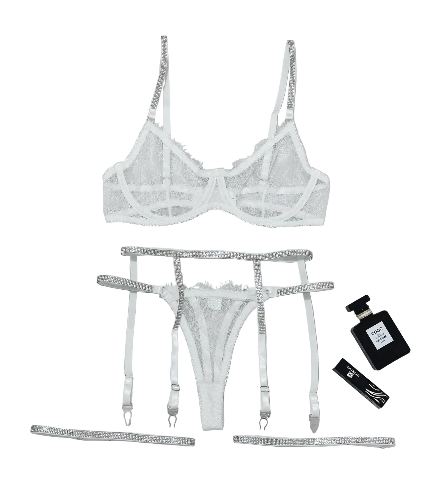 House Of Dasein Cross-Border Sexy Lingerie Lace Trim Rhinestone Transparent Thong Garter Belt Four-Piece Set - White - S