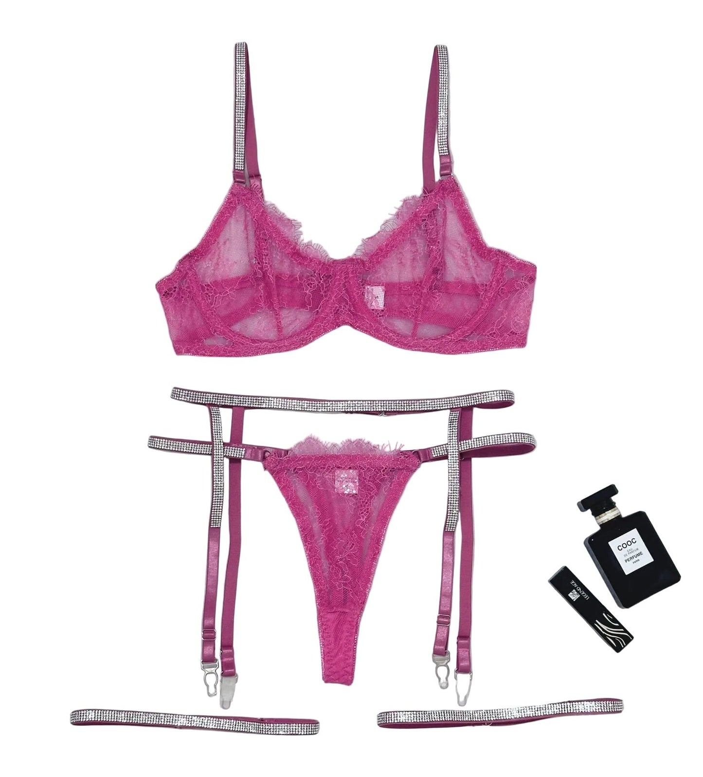 House Of Dasein Cross-Border Sexy Lingerie Lace Trim Rhinestone Transparent Thong Garter Belt Four-Piece Set - Deep Pink - M