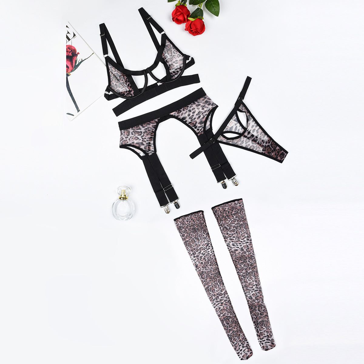 House Of Dasein Sexy Leopard Print Erotic Mesh See Through Shaping Underwear Four Piece Set - L - Black Leopard Pattern Color