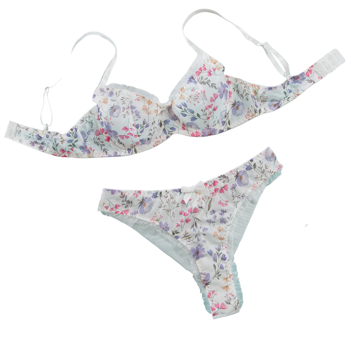 House Of Dasein Sexy Mesh Heart Print Bra Set Ultra Thin Comfortable Tempting Lingerie Two Piece - White Flower - S