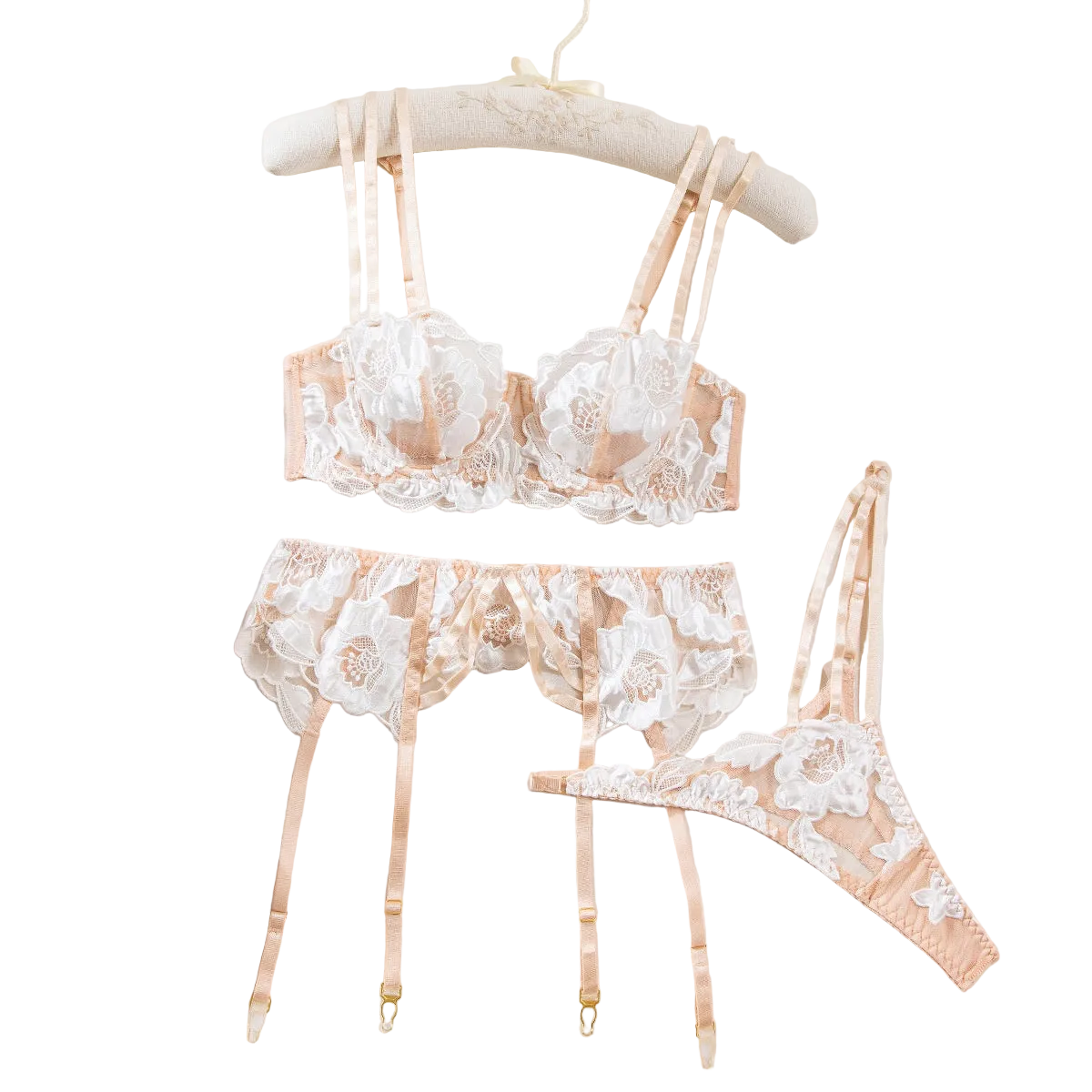 House Of Dasein Sexy Sheer Lace Embroidered Hollow-Out Shapewear Erotic Lingerie Garter Belt Three-Piece Set - White - M