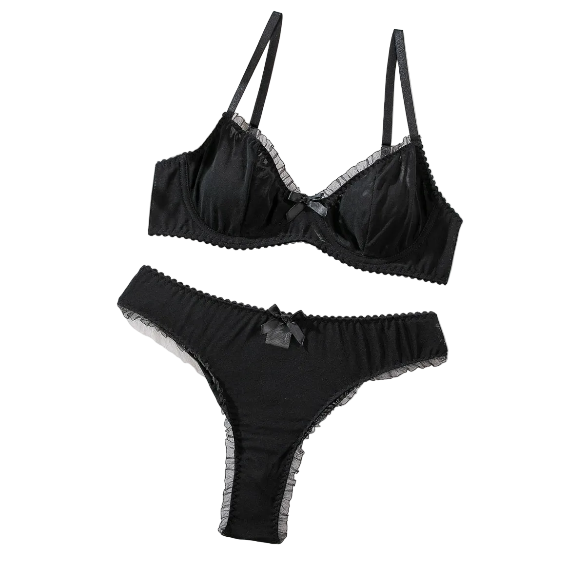 House Of Dasein Sexy Mesh Heart Print Bra Set Ultra Thin Comfortable Tempting Lingerie Two Piece - Black - L