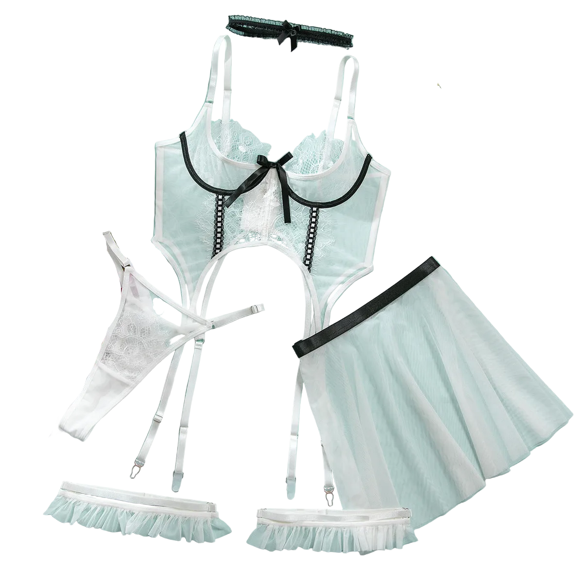 House Of Dasein Lingerie Set Women Lace Splicing Transparent Temptation Sexy Mini Camisole Thong Five Piece - White - L