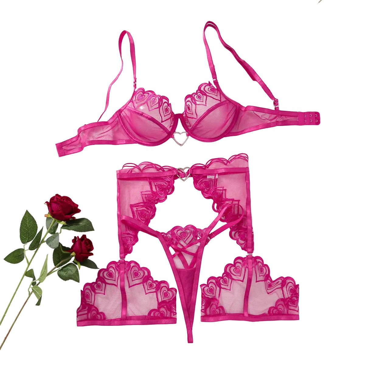 House Of Dasein Love Embroidery Perspective Mesh Sexy Lingerie Thong Set - Rose Red - S