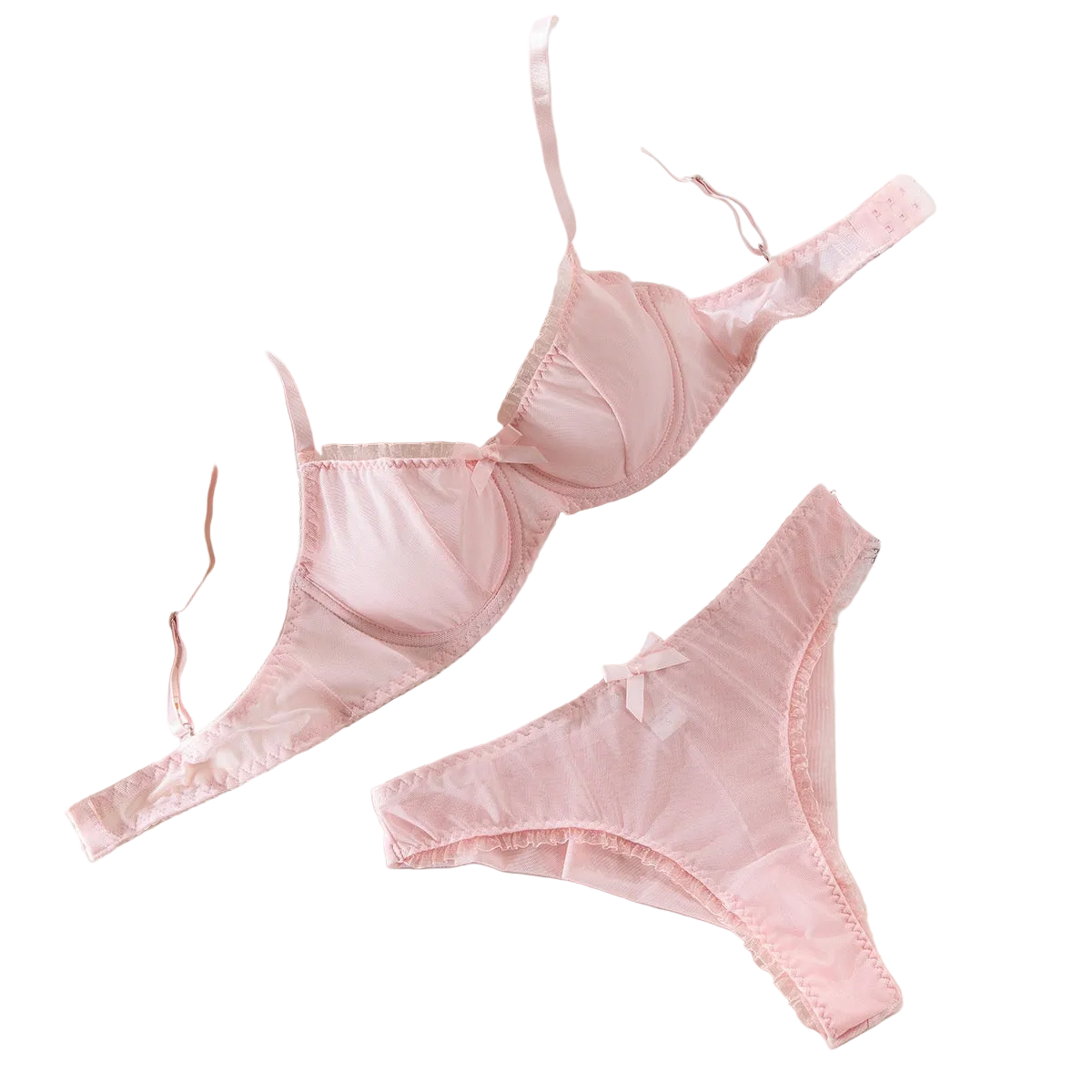 House Of Dasein Sexy Mesh Heart Print Bra Set Ultra Thin Comfortable Tempting Lingerie Two Piece - Pink - M