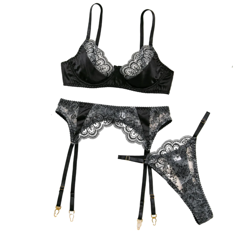 House Of Dasein Sexy Embroidered Lace Bra Underwear Hollow Out Three Piece Backless Women's Lingerie With Silk Stockings - Black - L