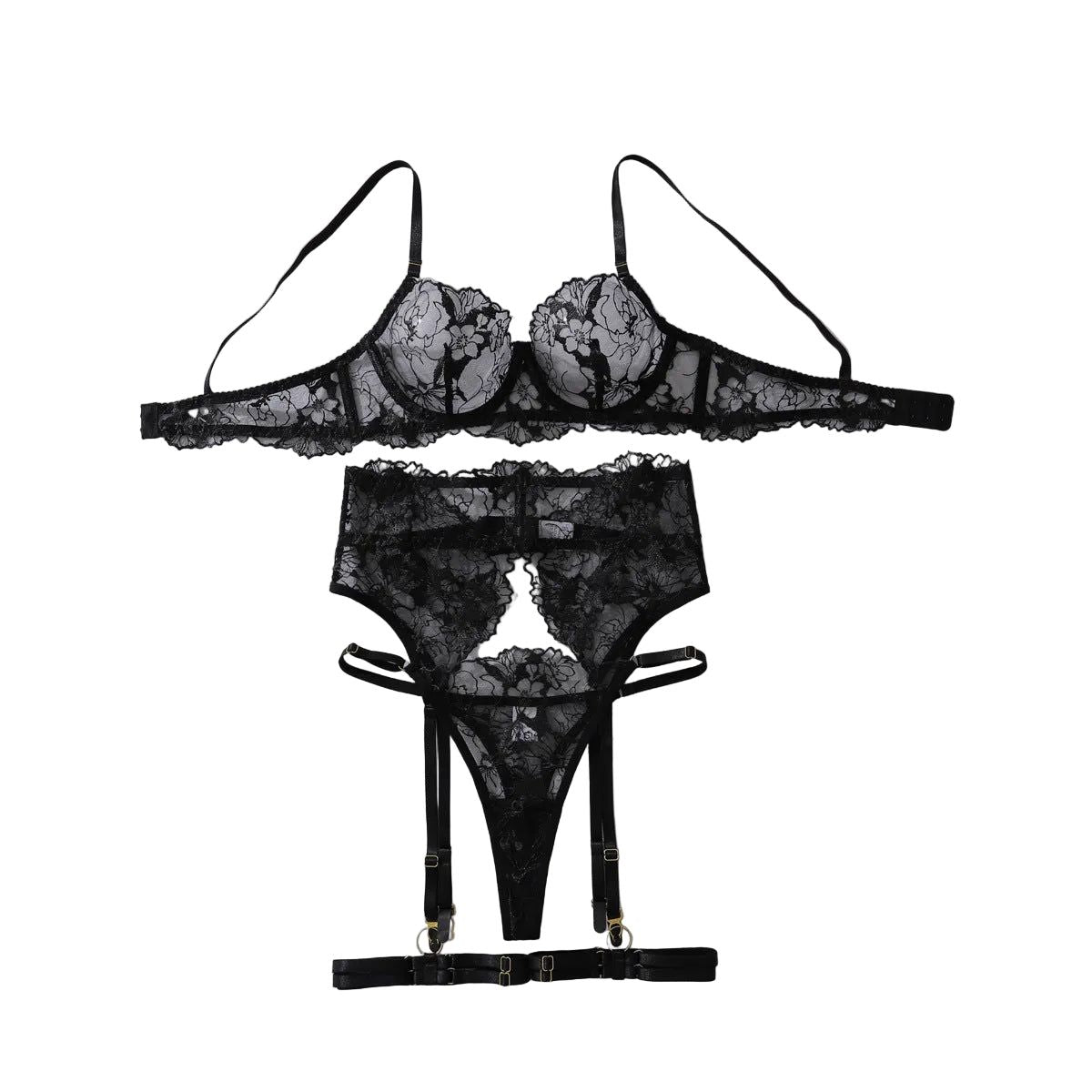 House Of Dasein Embroidered Lace Perspective Gathering Slimming And Shaping Sexy Lingerie Set With Steel Ring - Black - L