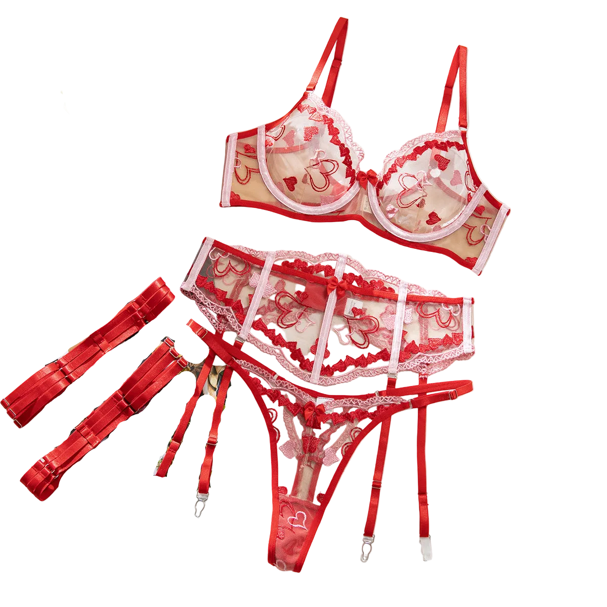 House Of Dasein Sexy Cupid Contrast Heart Embroidery Mesh Boned Waist Bow Women's Lingerie - Red - M
