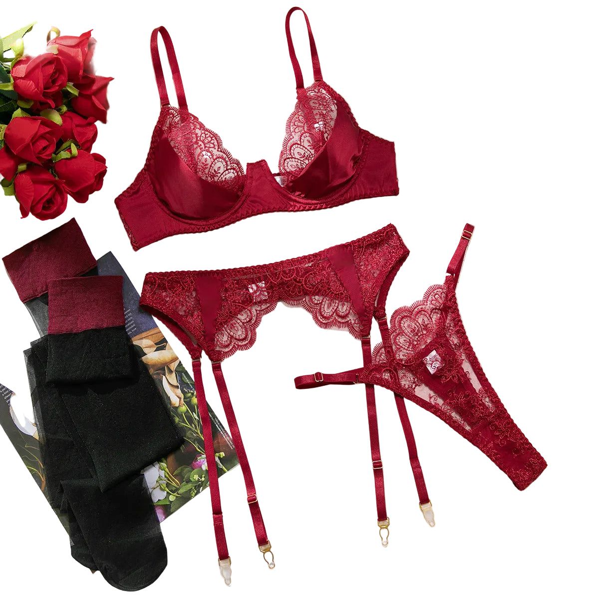 House Of Dasein Heavy Embroidery Sexy Hollow Out Transparent Splicing Lingerie Set With Stockings For Women - Wine Red - L