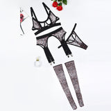 House Of Dasein Sexy Leopard Print Erotic Mesh See Through Shaping Underwear Four Piece Set - M - Black Leopard Pattern Color