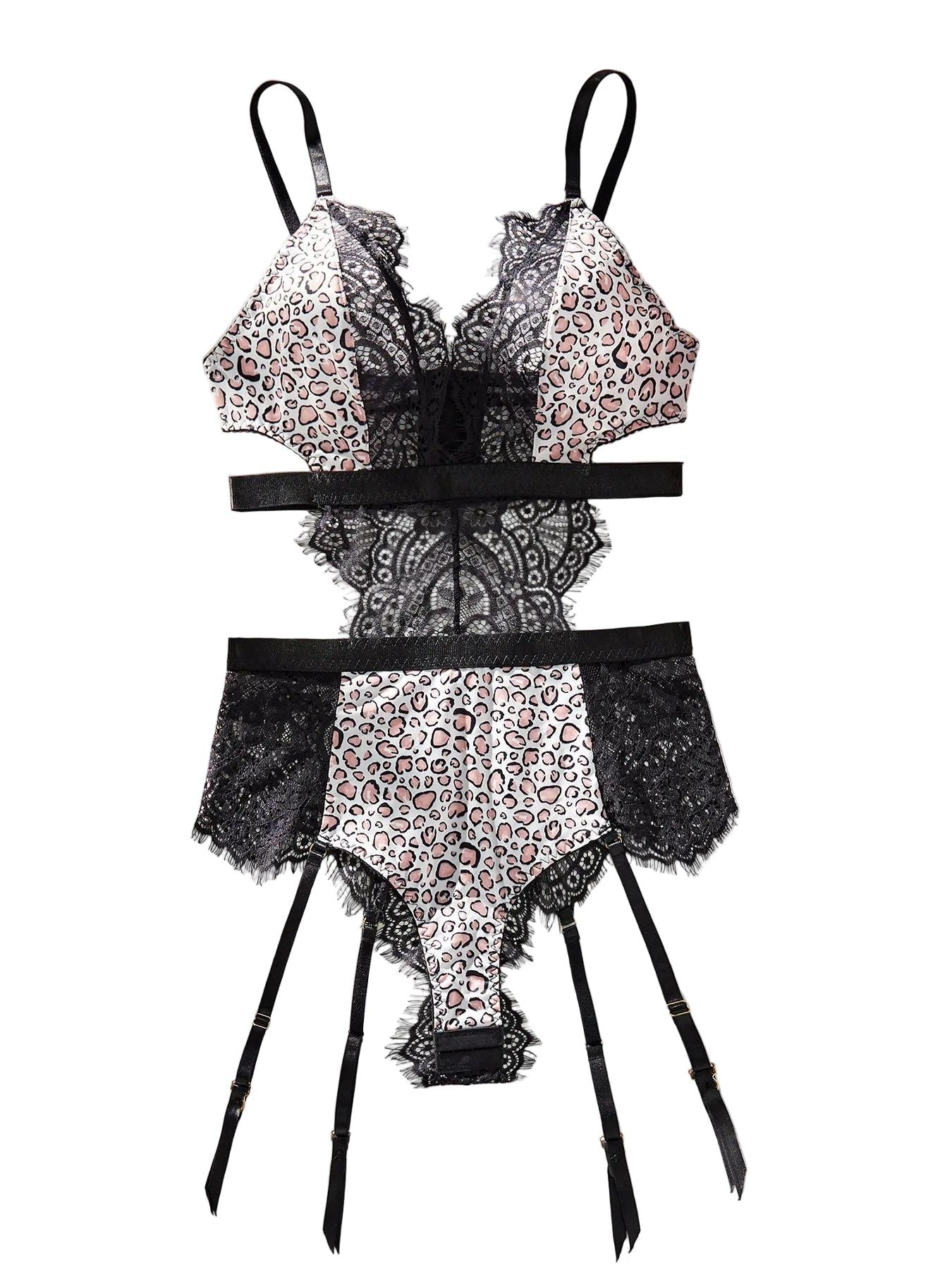 House Of Dasein Lace Patchwork Leopard Print Fabric Low Cut Without Steel Ring Sexy Lingerie For Women - Black Leopard Pattern Color - S
