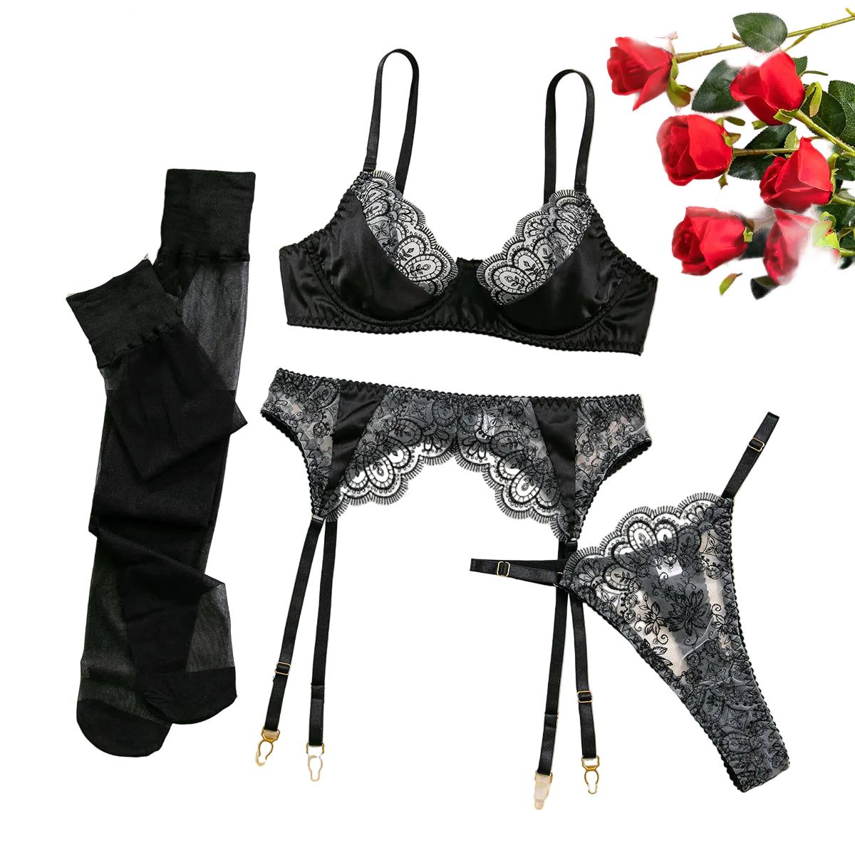 House Of Dasein Heavy Embroidery Sexy Hollow Out Transparent Splicing Lingerie Set With Stockings For Women - Black - Xl