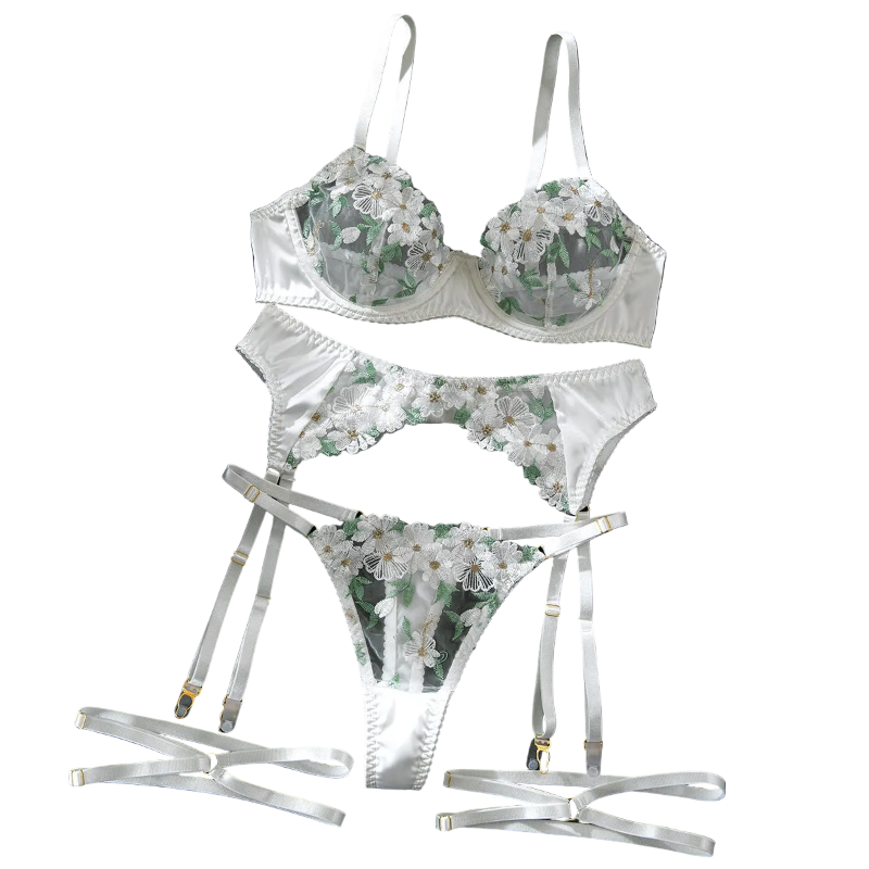 House Of Dasein Sexy Mesh Embroidered Multi Color Floral Bra Set Hollow Shaping Lingerie Four Piece Suit For Women - White - S