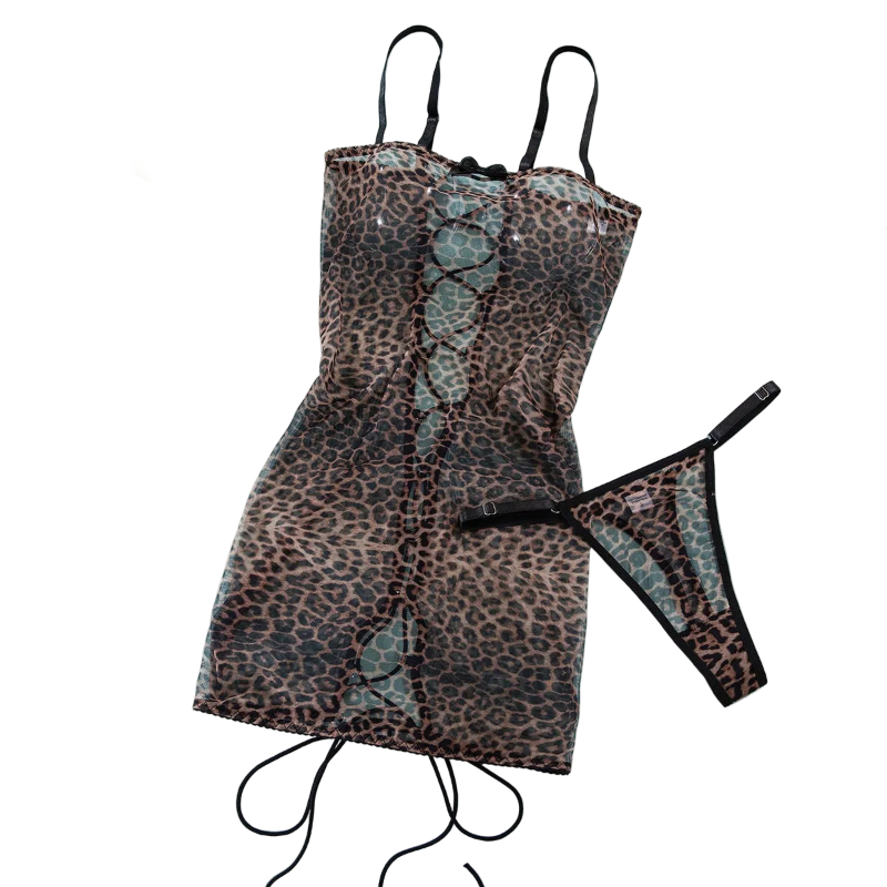 House Of Dasein Leopard Print Strapless Dress Women's Sexy Tie Hollow Temptation Slimming Erotic Lingerie Set - Leopard Print - S