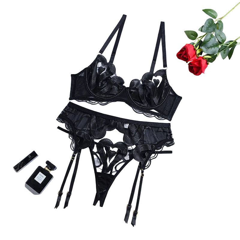 House Of Dasein Lace Mesh Embroidery Sexy Lingerie Gathering Straps Three Piece Set Shaping Body - Black - S