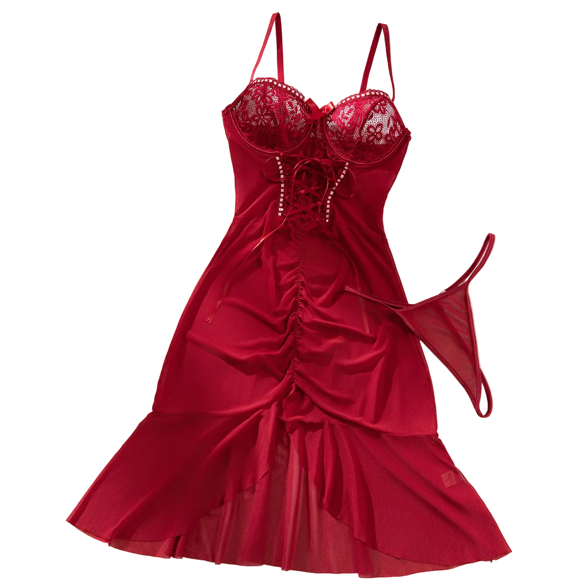 House Of Dasein Cross Border Sexy Lace Transparent Temptation Ultra Thin Mesh Dress And Thong Set - Wine Red - L
