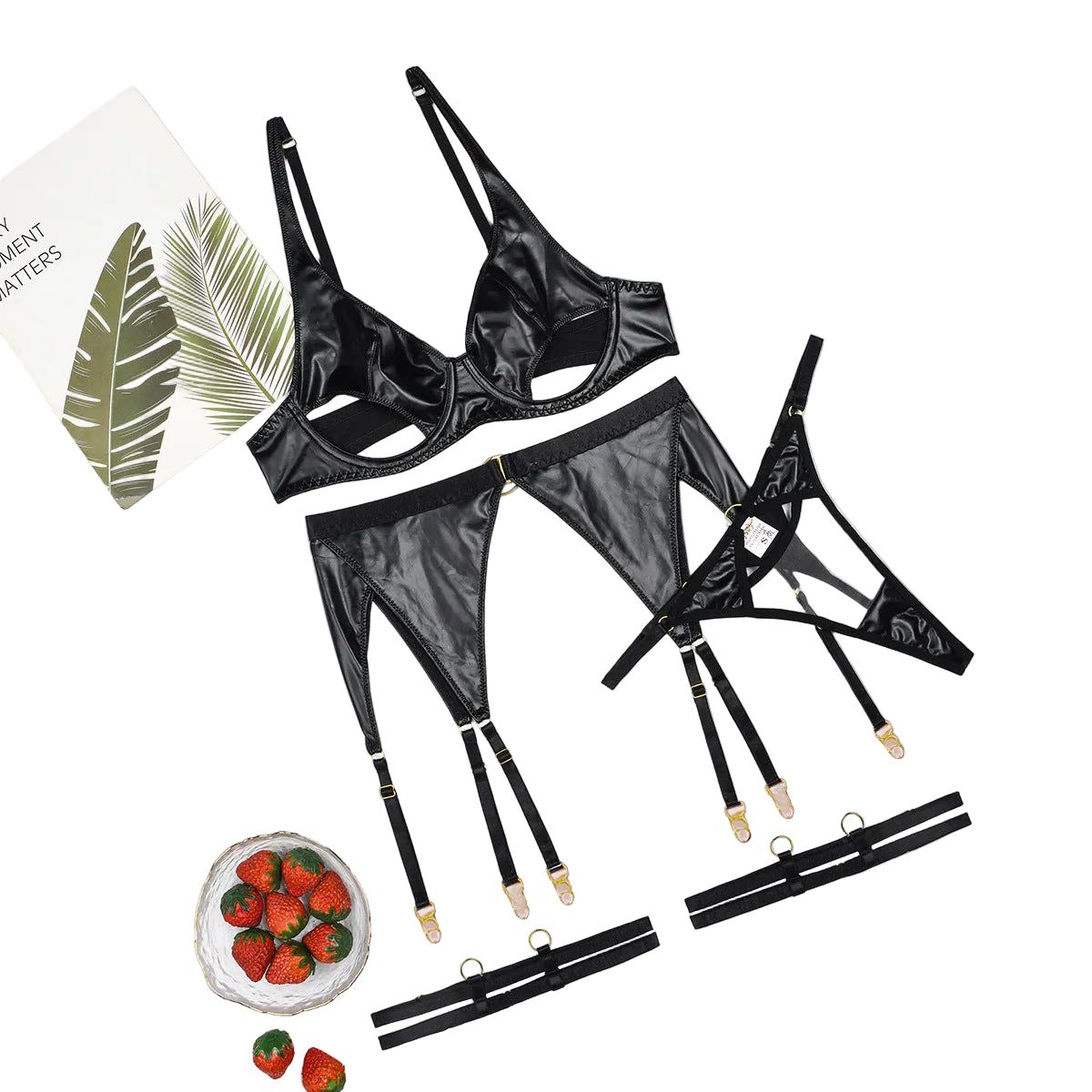 House Of Dasein Hollow Out Backless Transparent Sexy Lingerie Garter Belt Four Piece Set - Black - L