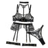 House Of Dasein Heavy Embroidery Metal Buckle Strap Sexy Lingerie Set For Women Transparent Shaping Front Button Five Piece - Apricot Base Black - M