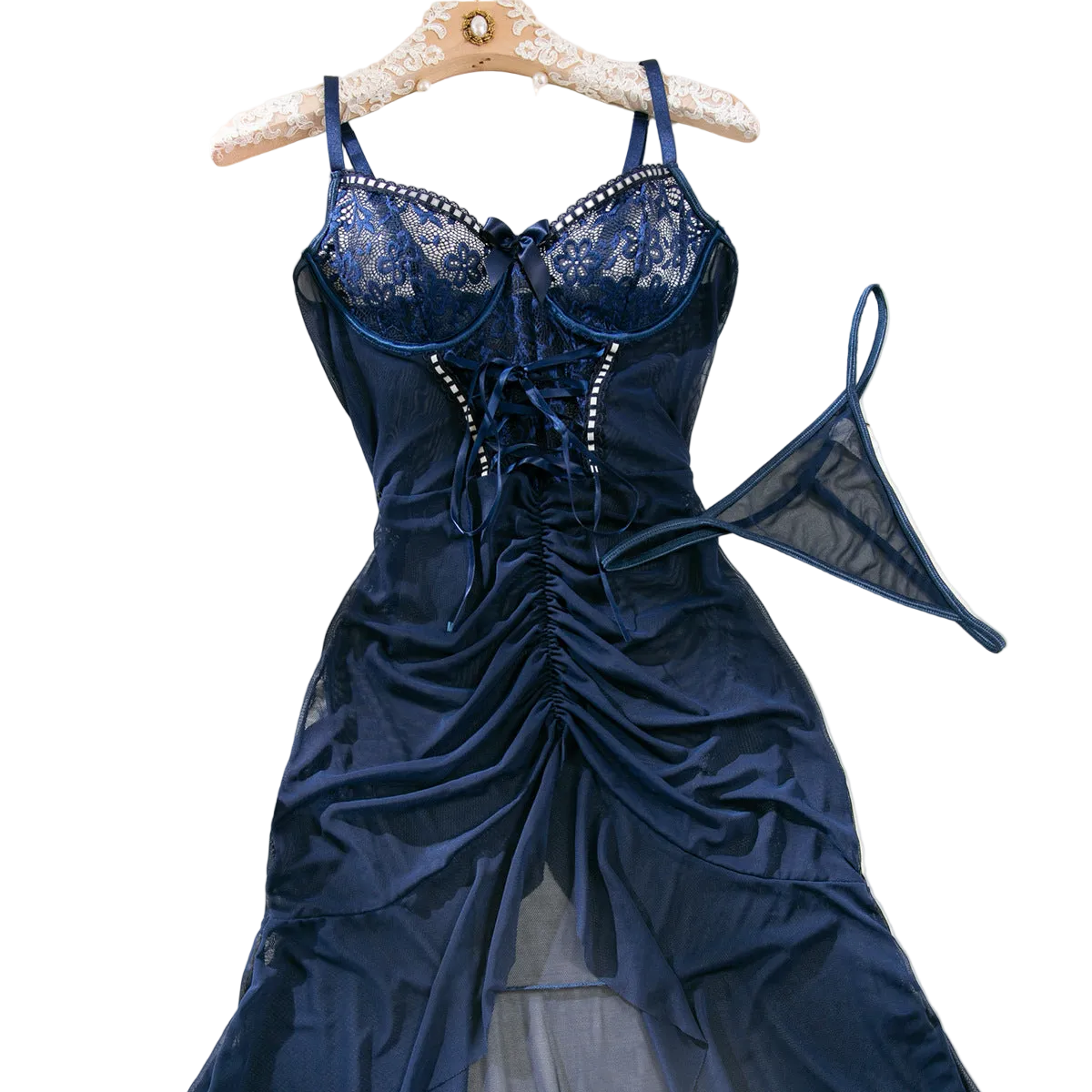 House Of Dasein Cross Border Sexy Lace Transparent Temptation Ultra Thin Mesh Dress And Thong Set - Navy Blue - S