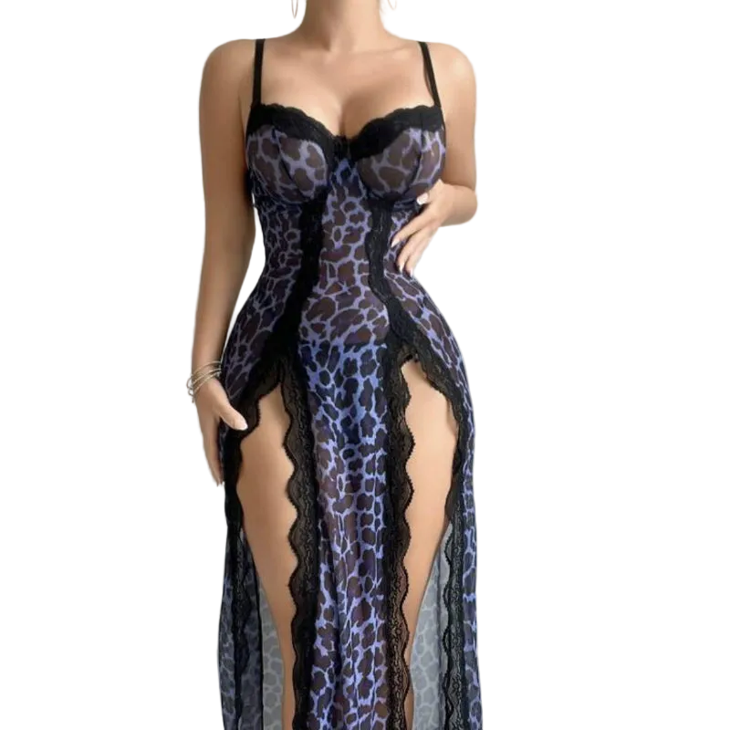 House Of Dasein Sexy Transparent Leopard Print Nightgown And Lingerie Set - Blue - S
