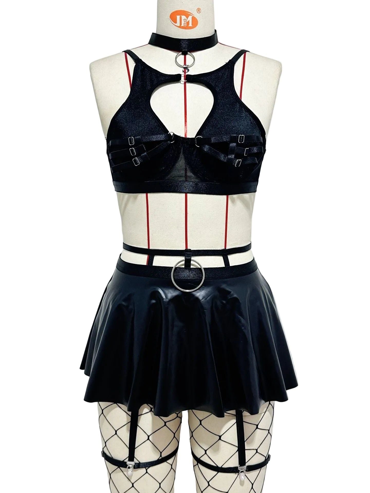 House Of Dasein Lace Sexy Lingerie Set Bra Solid Color Leather Skirt With Fishnet Stockings Women's - Black - L