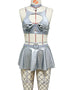 House Of Dasein Lace Sexy Lingerie Set Bra Solid Color Leather Skirt With Fishnet Stockings Women&