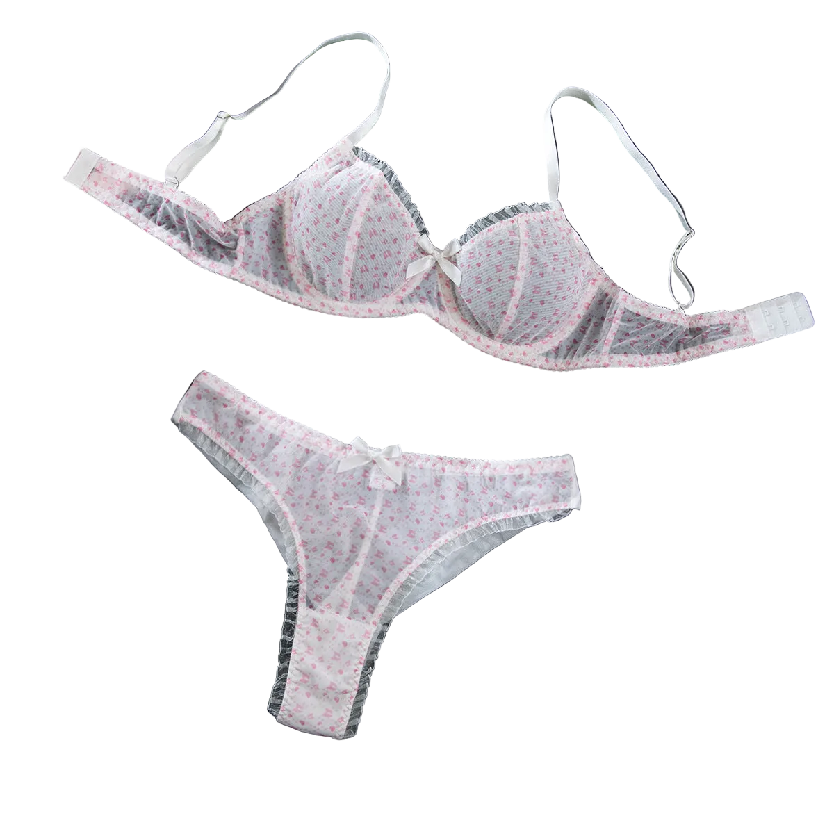 House Of Dasein Sexy Mesh Heart Print Bra Set Ultra Thin Comfortable Tempting Lingerie Two Piece - Crushed Flower - Xxl