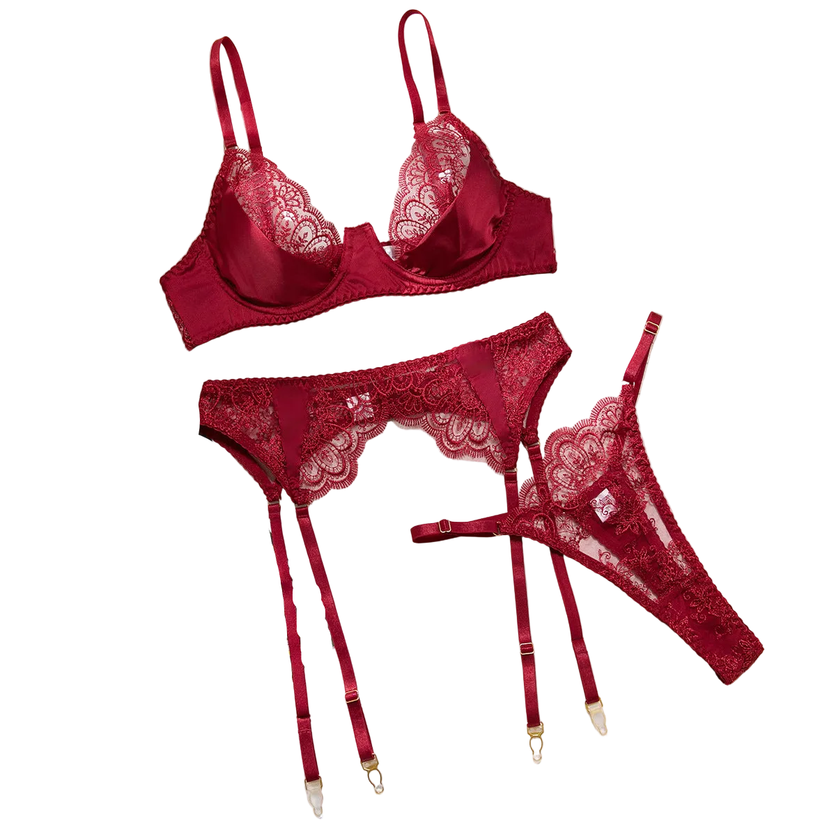 House Of Dasein Sexy Embroidered Lace Bra Underwear Hollow Out Three Piece Backless Women's Lingerie With Silk Stockings - Wine Red - L