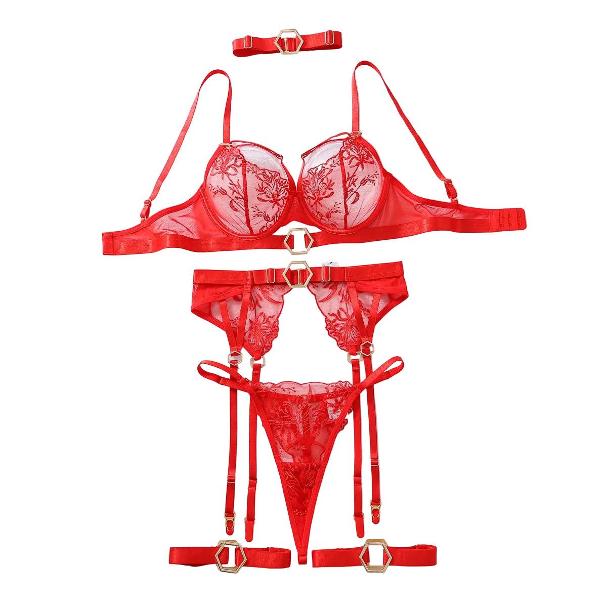 House Of Dasein Metal Buckle Embroidery Mesh Splicing Heavy Duty Erotic Lingerie Five Piece Set - Red - M