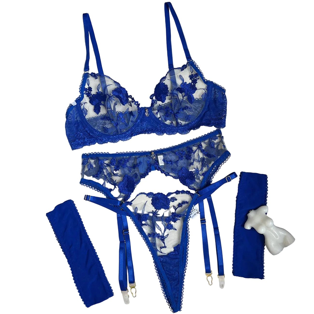 House Of Dasein Embroidered Patchwork Lace Straps For Fun Lingerie Set - Blue - M