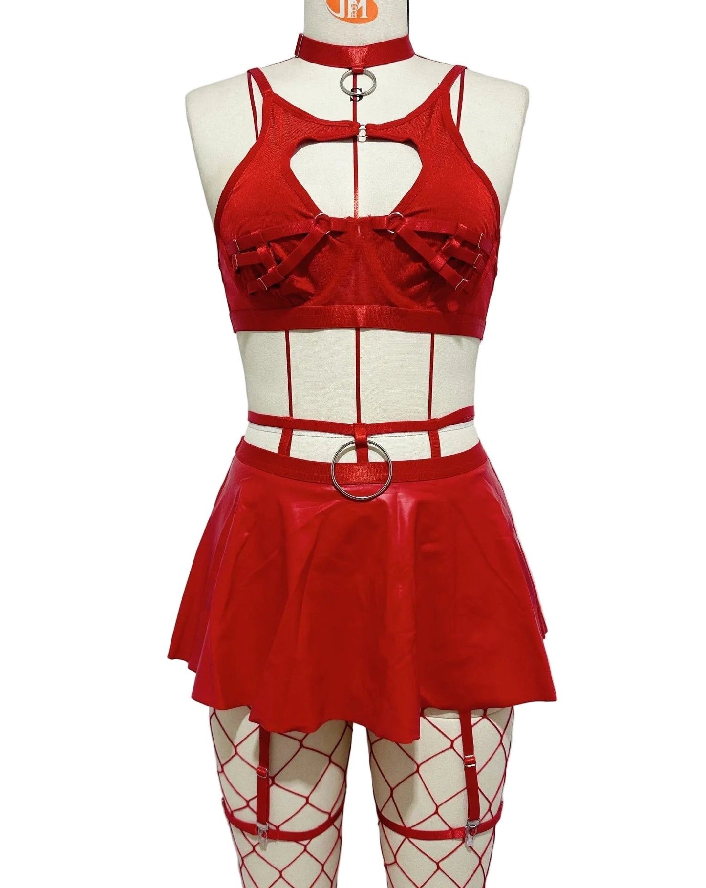 House Of Dasein Lace Sexy Lingerie Set Bra Solid Color Leather Skirt With Fishnet Stockings Women's - Red - M