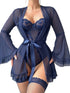 House Of Dasein Lace One Piece Sleepwear Flare Sleeve Sexy Belted Lingerie Set With Stockings For Women - Navy Blue - L