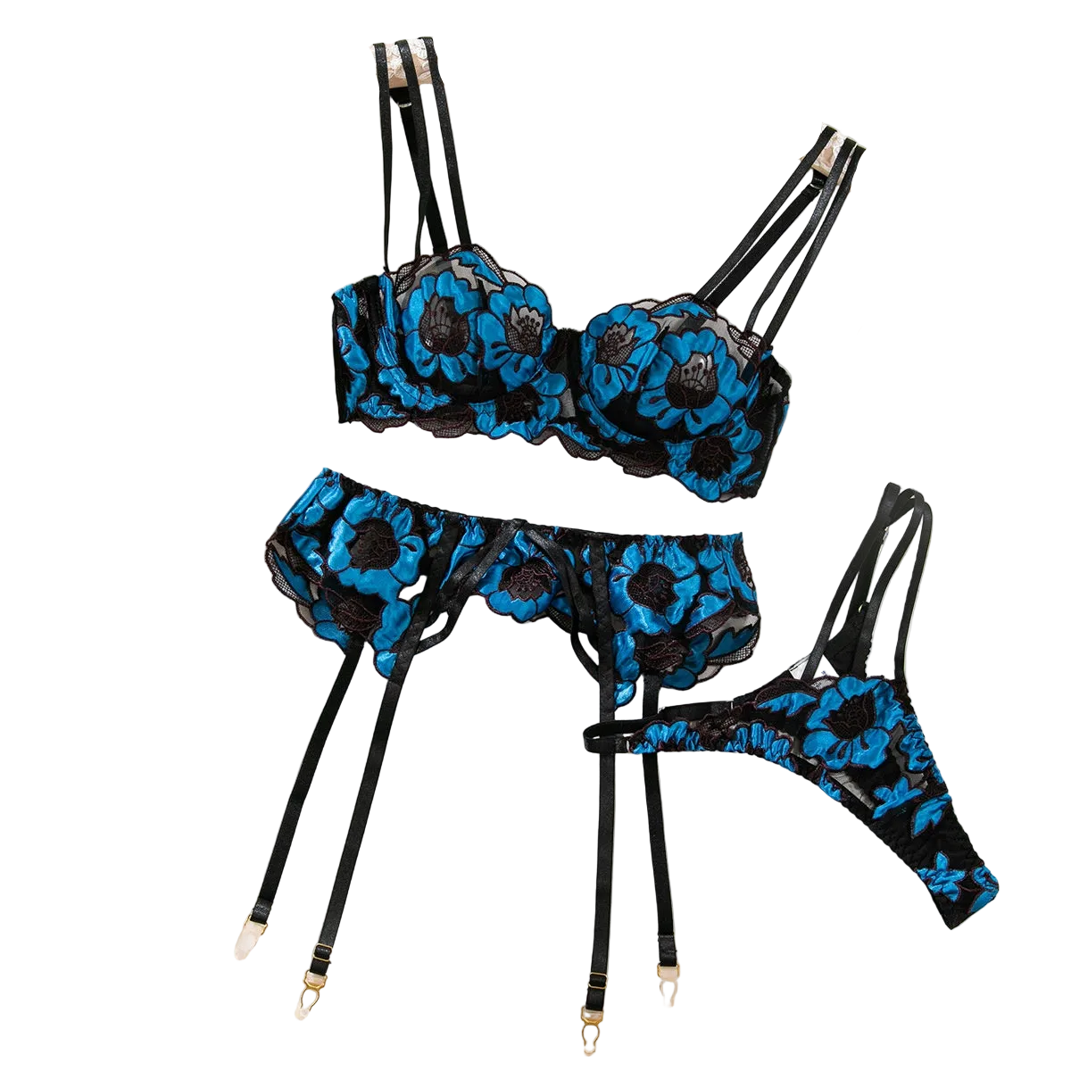 House Of Dasein Sexy Sheer Lace Embroidered Hollow-Out Shapewear Erotic Lingerie Garter Belt Three-Piece Set - Blue - M