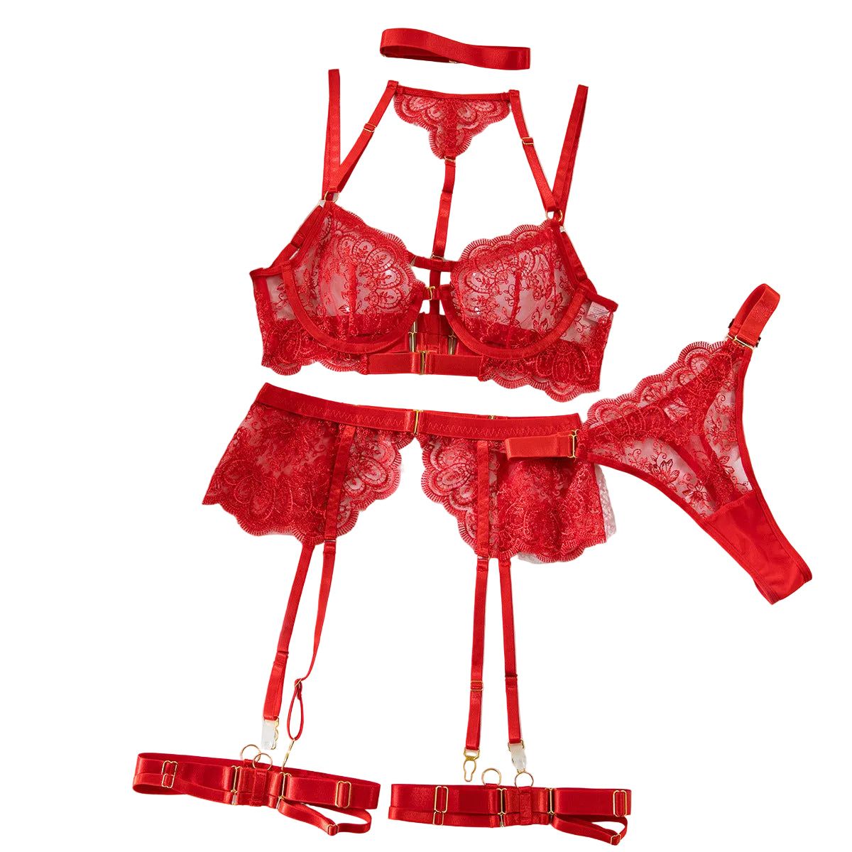 House Of Dasein Heavy Embroidery Metal Buckle Strap Sexy Lingerie Set For Women Transparent Shaping Front Button Five Piece - Red - S