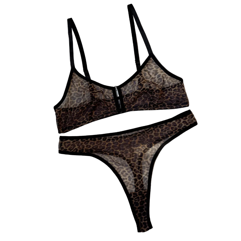 House Of Dasein Sexy Lingerie Set Leopard Print Erotic French Bra Ultra Thin Mesh Underwear - Leopard Print - L
