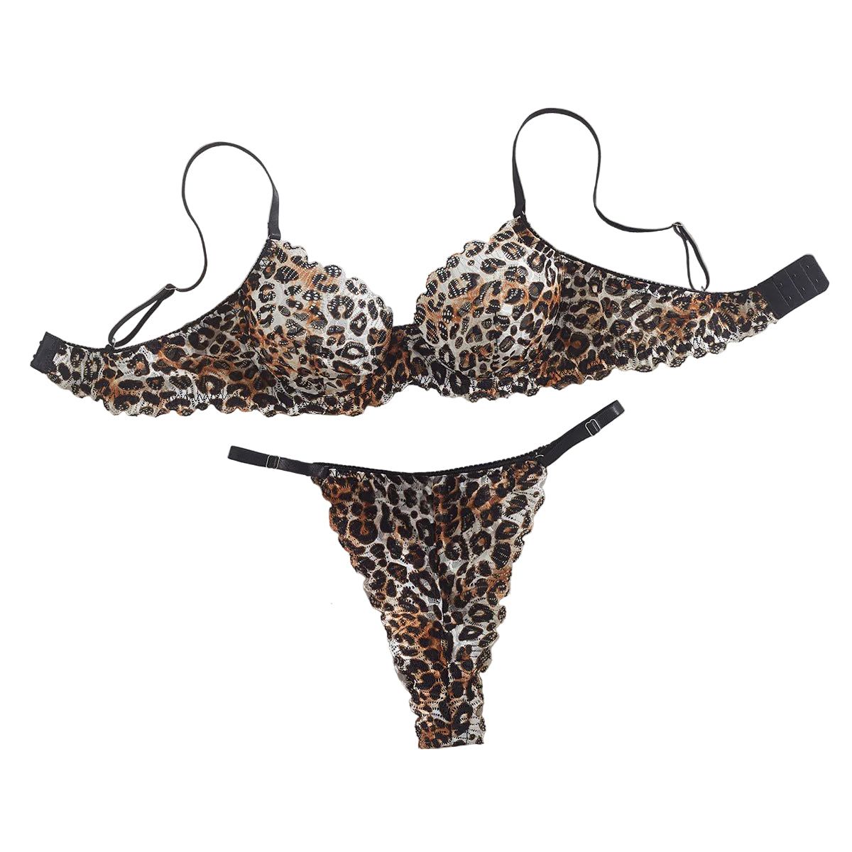 House Of Dasein Sexy Leopard Print Pure Desire Style Thin Underwear Large Chest Minimizer Push Up Bra And Thong Set - Leopard Print - L