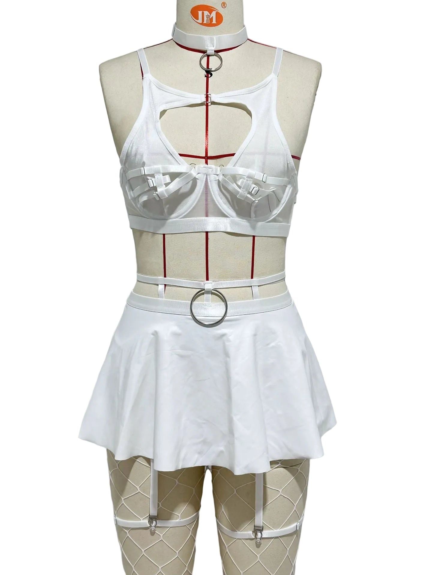 House Of Dasein Lace Sexy Lingerie Set Bra Solid Color Leather Skirt With Fishnet Stockings Women's - White - Xl
