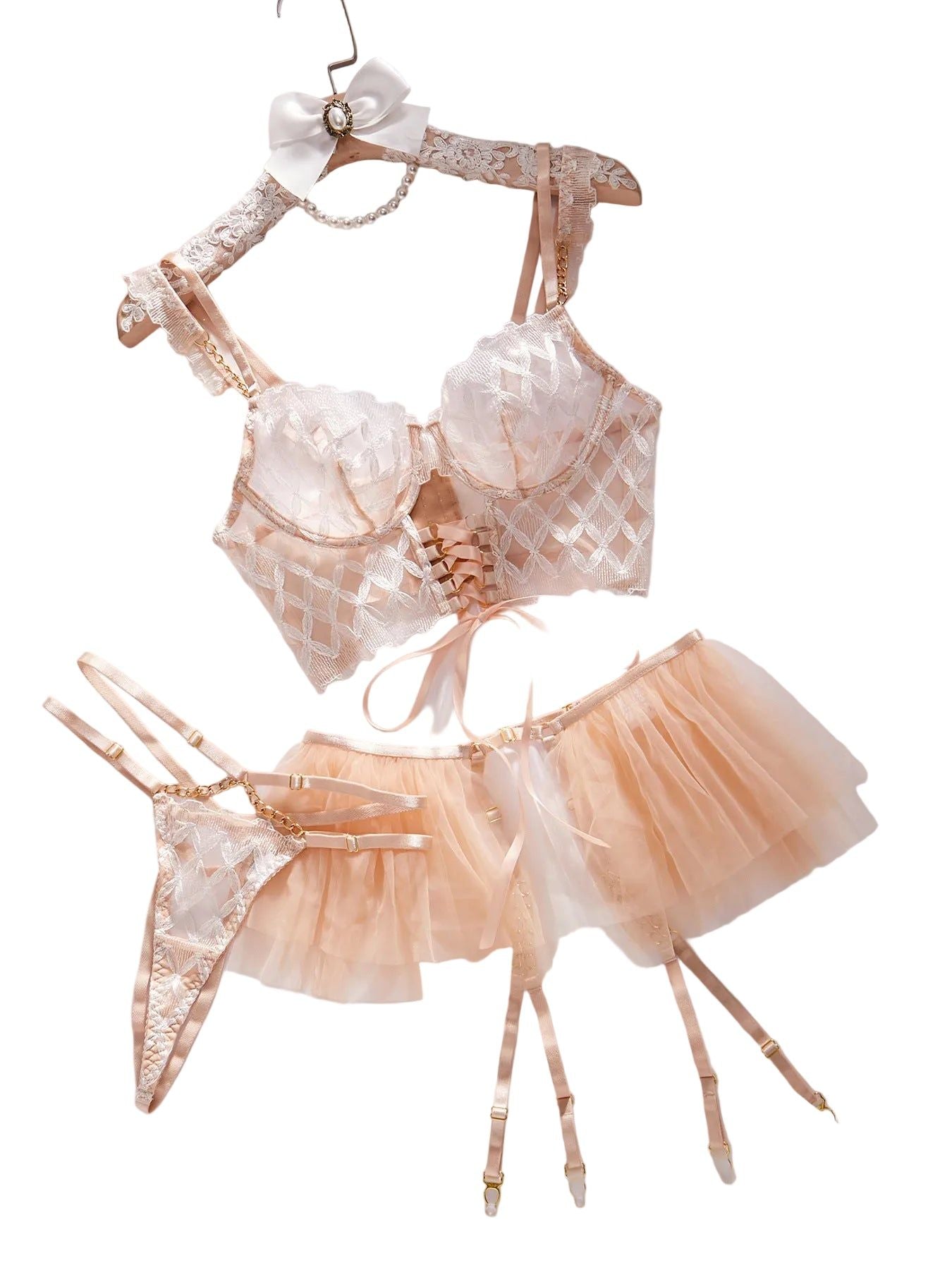 House Of Dasein Lingge Embroidery Sexy Strap Mesh Puff Skirt Underwear Set - S