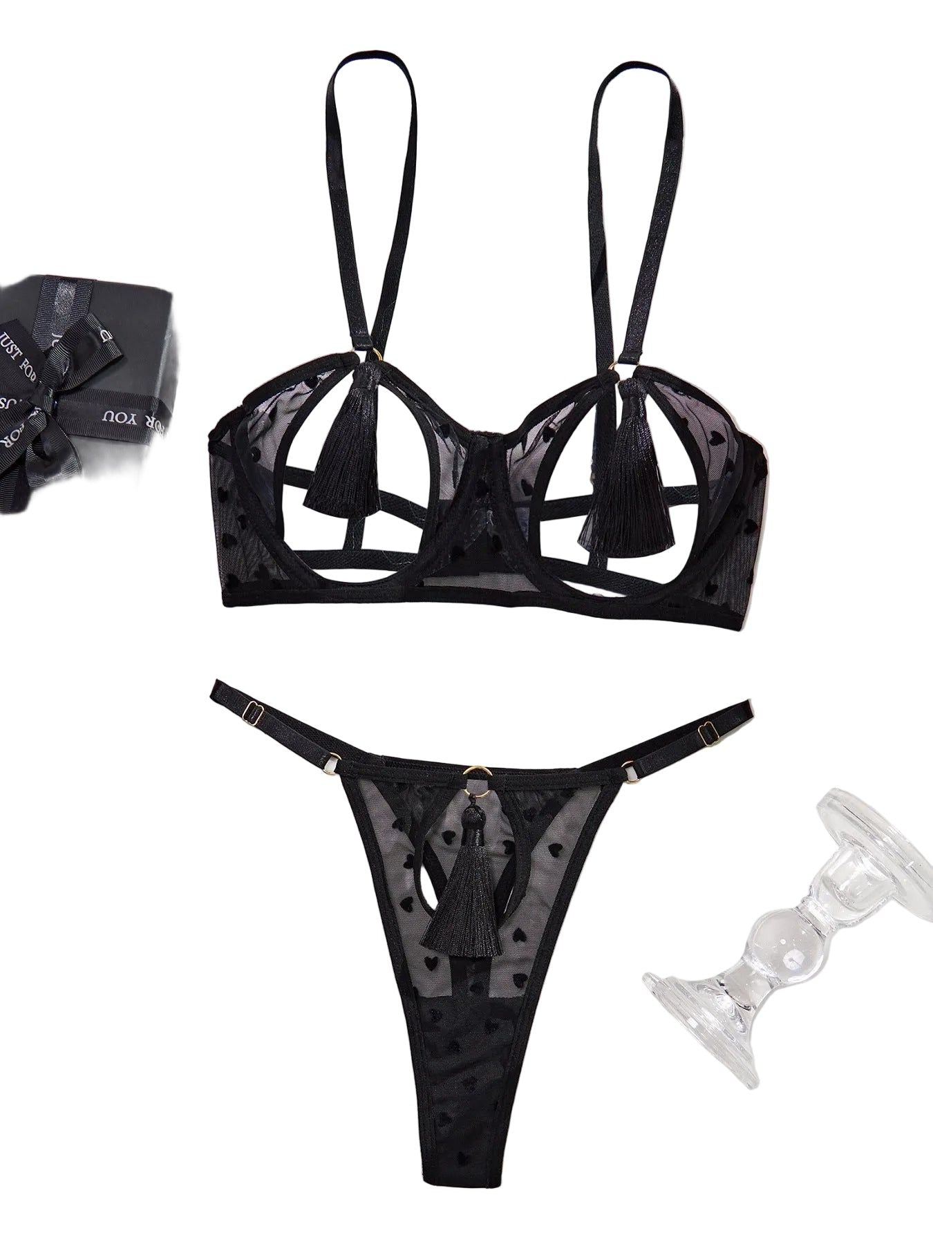 House Of Dasein Love Perspective Mesh Sexy Tassel Fun Hollow Underwear Two Piece Set For Women - Black - L